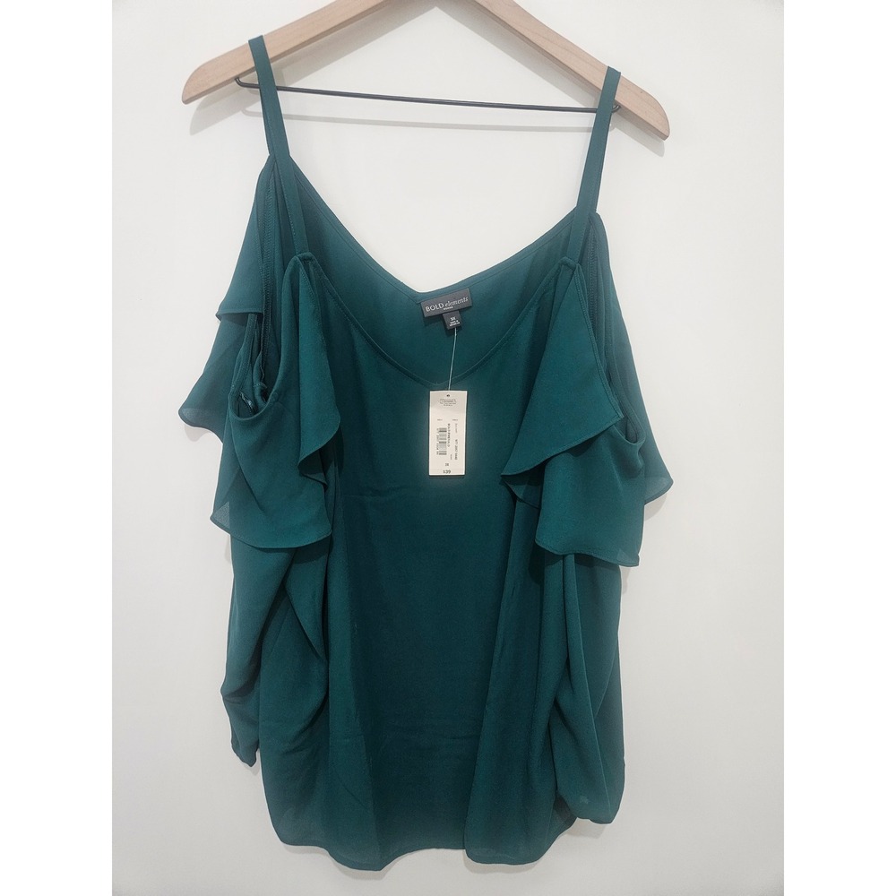 Bold Elements Emerald Green Cold Shoulder Ruffle Blouse Top 3X‎ NWT